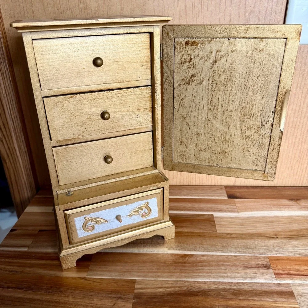 Vintage Toyo Japan Musical Jewelry Box Armoire Gold Wood Portrait 4 Drawer 12.5